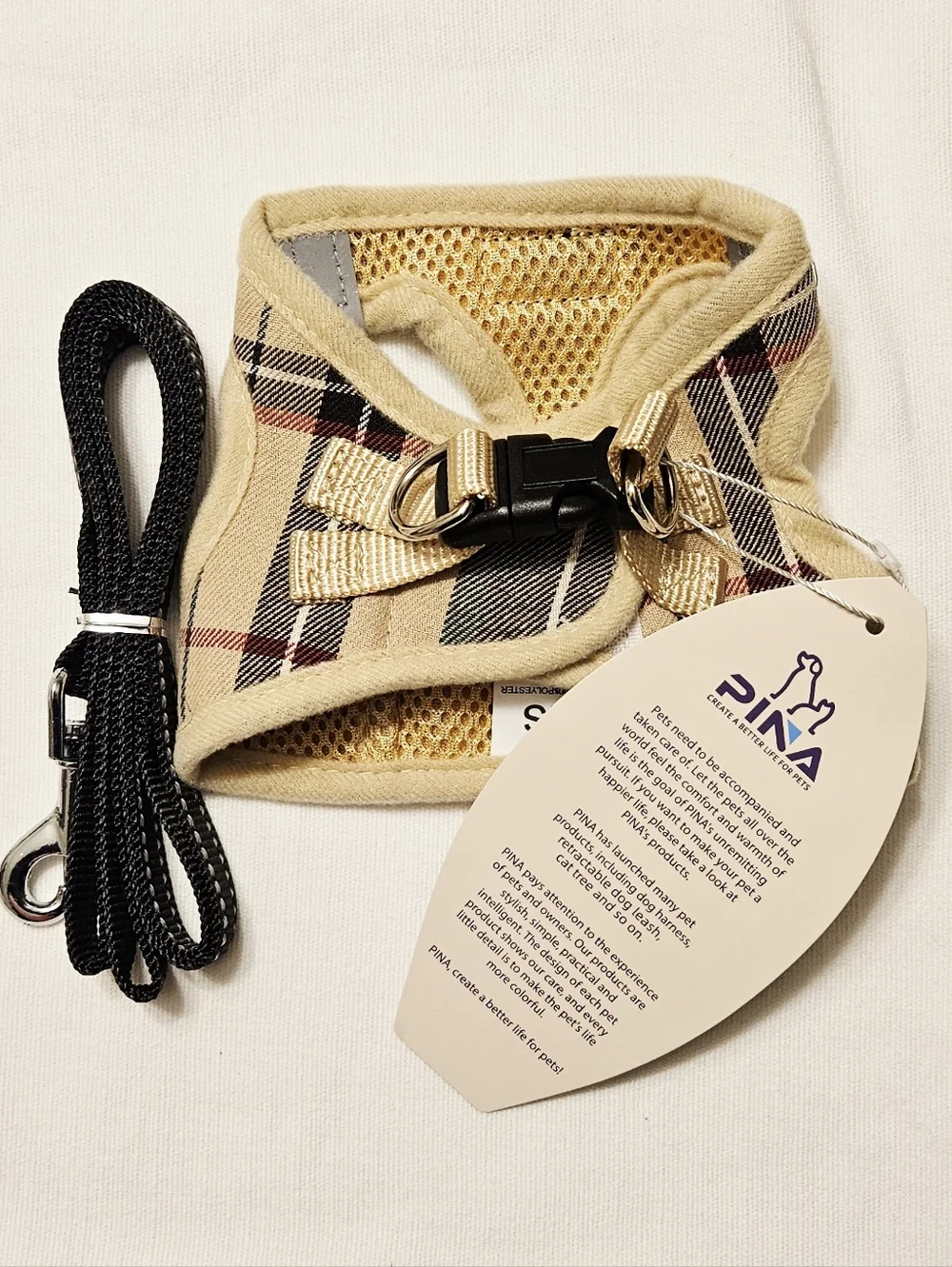 PINA Plaid XS Dog Harness and Leash Set in Beige and Black